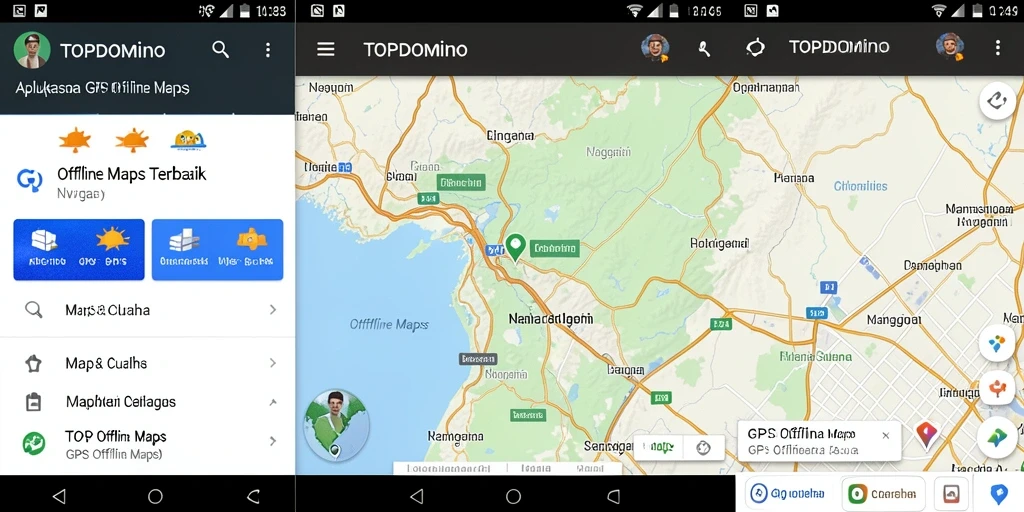 Antarmuka aplikasi GPS Offline Maps TOPDOMINO yang ramah pengguna.